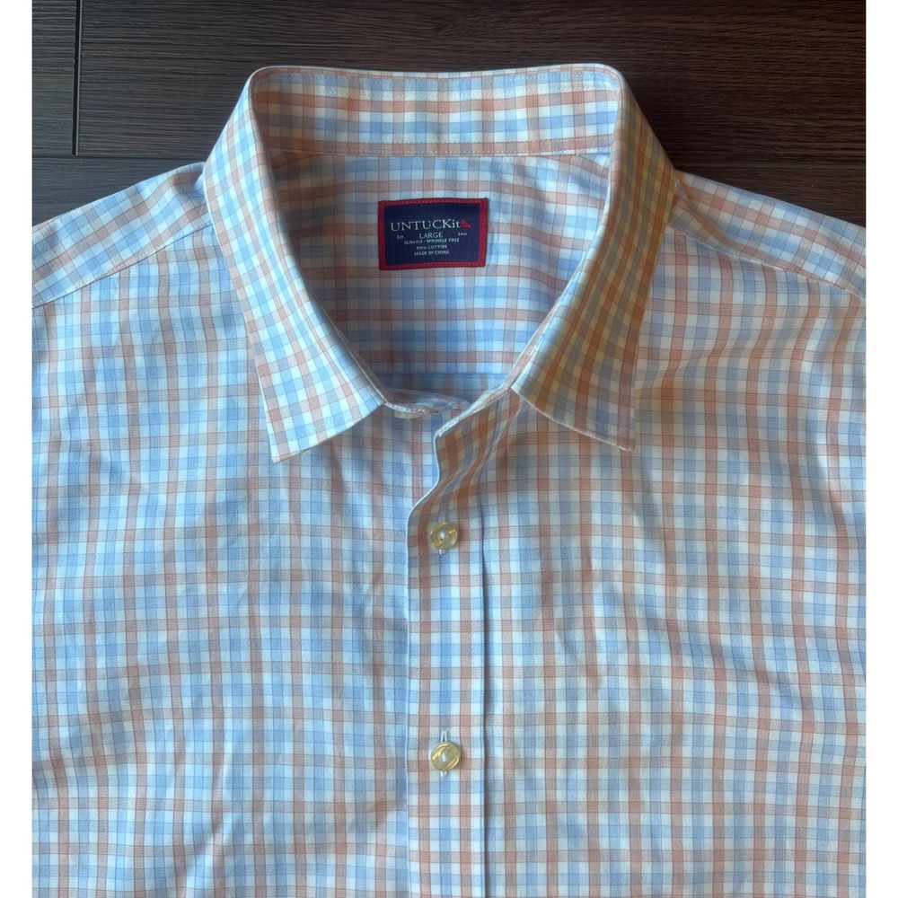 UNTUCKit Dezaley Mens Large Slim Fit Wrinkle Free Short Sleeve Gingham Shirt Ora - Picture 2 of 7